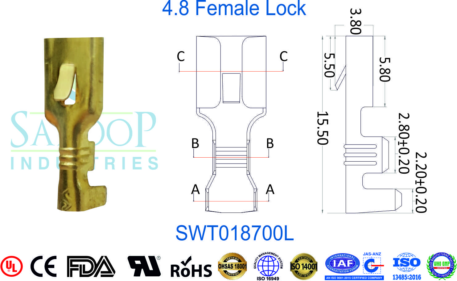 0187 Series Terminal - 4.8 Female Lock (SWT018700L)