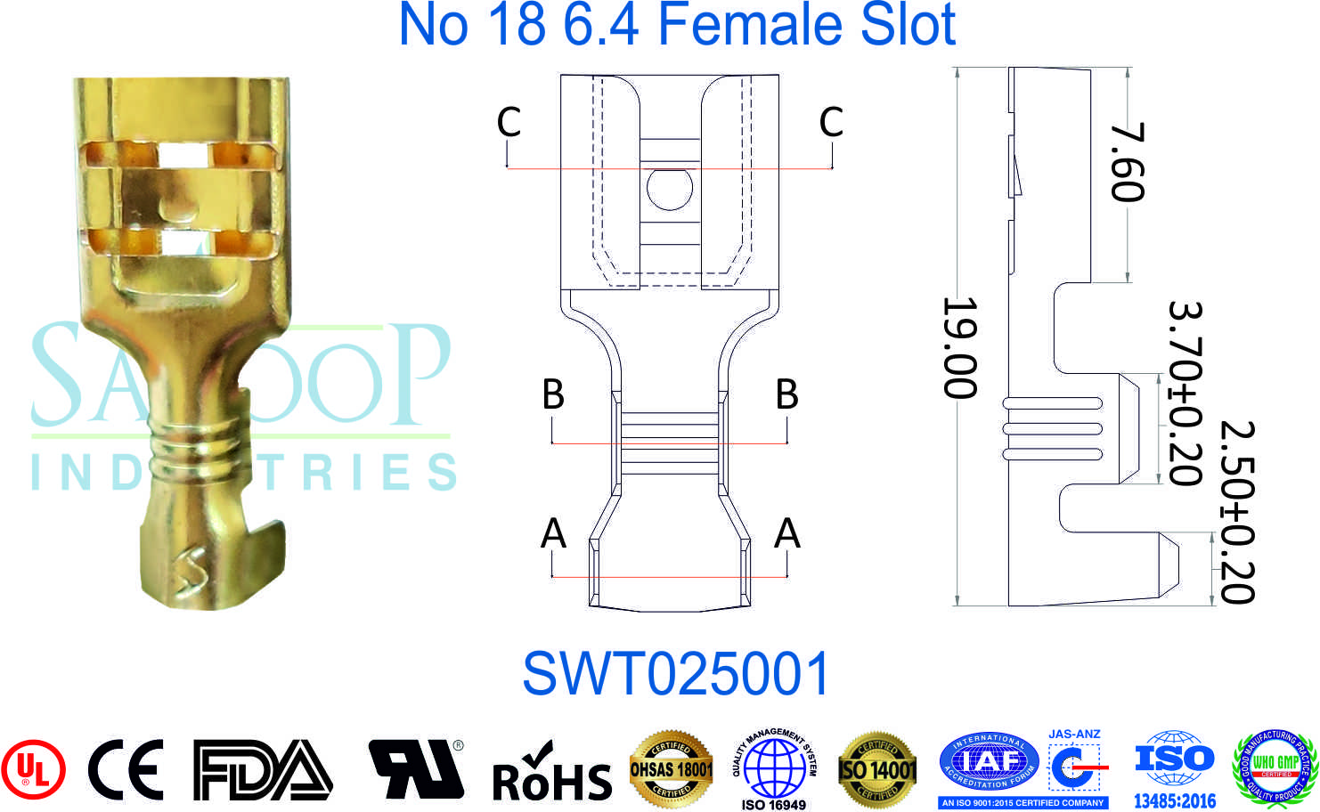 0250 Series Terminal - No 18 6.4 Female Slot (SWT025001)